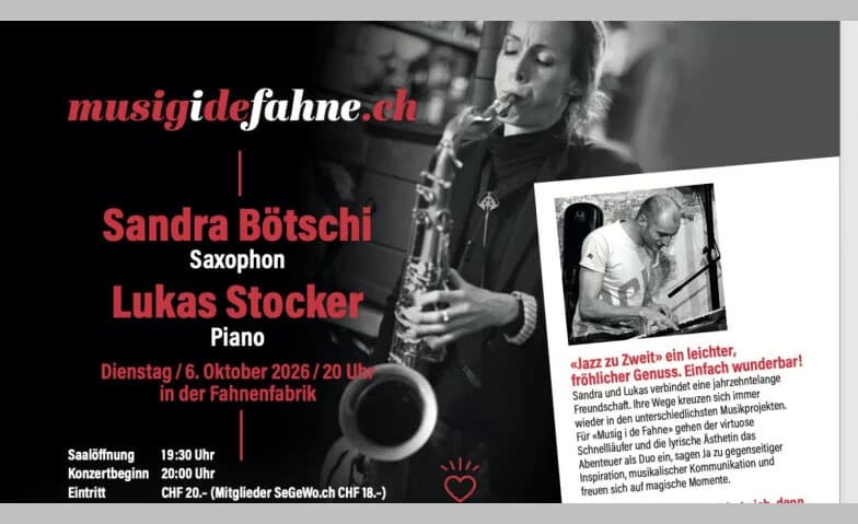 Jazz zu Zweit: Sandra Bötschi (Saxophon) Lukas Stocker (pian