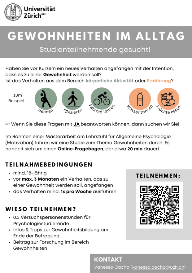 Studienteilnehmende gesucht für Online-Studie «Gewohnheiten im Alltag»
