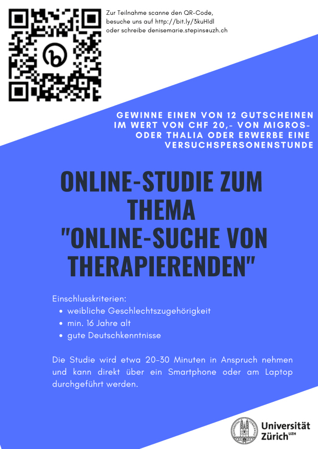Teilnehmerinnen für Online-Studie «ONLINE-SUCHE VON THERAPIERENDEN» gesucht!