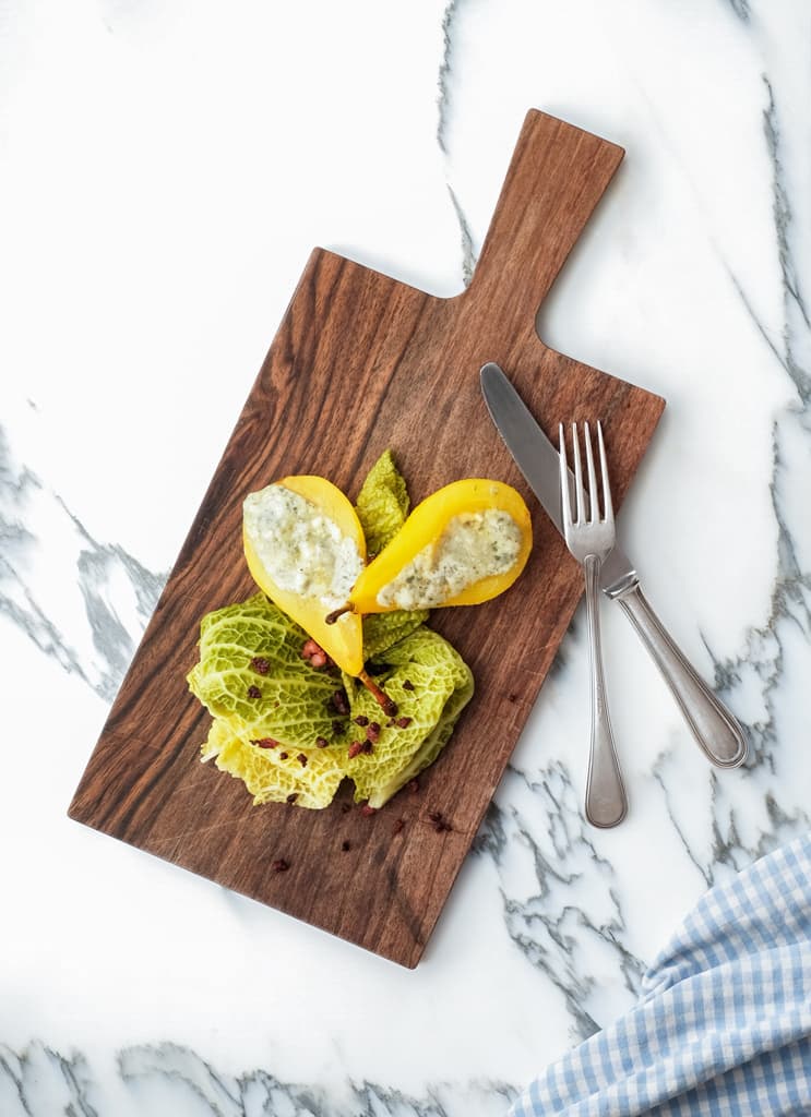 Weissweinbirne mit Roquefort, Wirz & Speck: »Birne, Wirz, Roquefort«