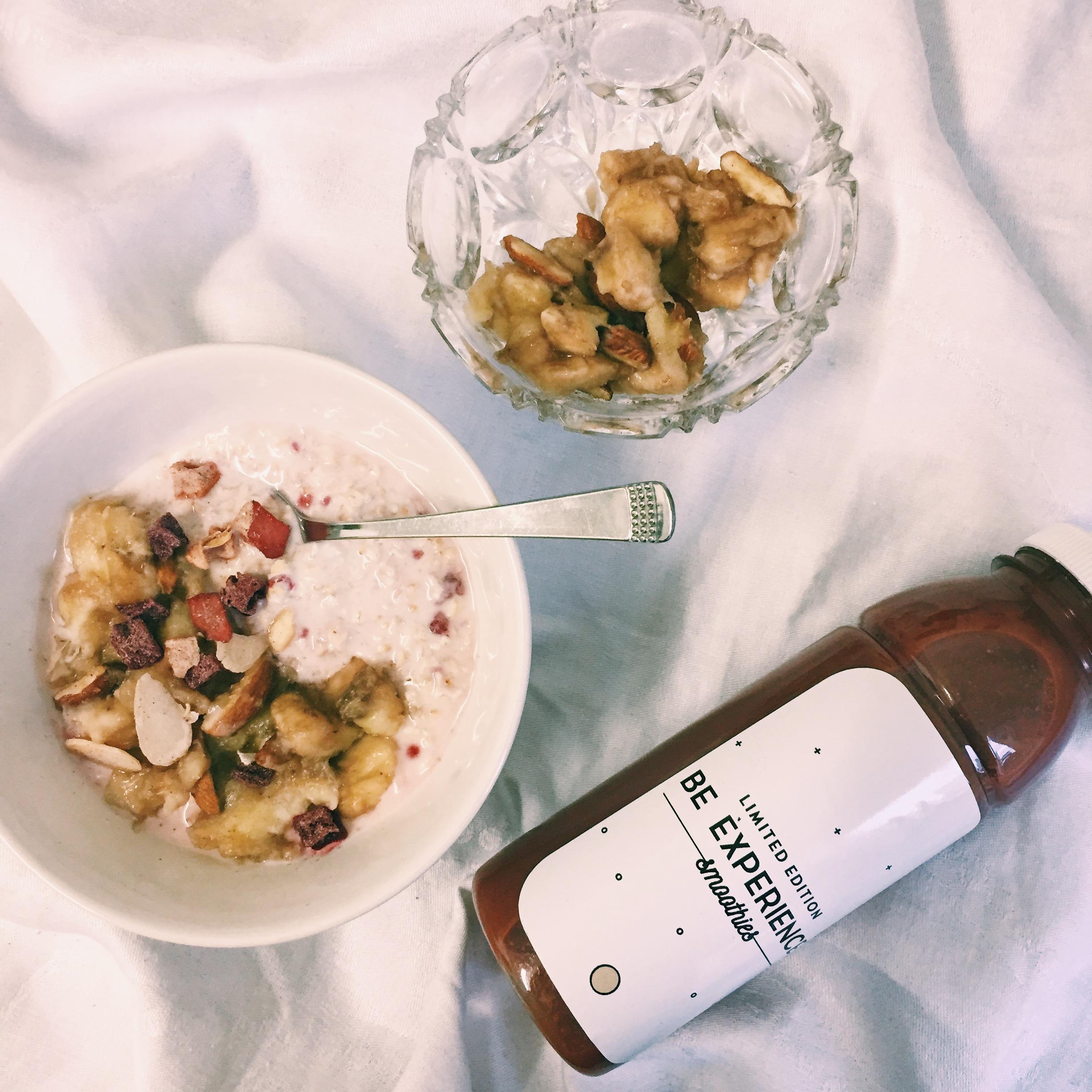 Overnight raspberry oats with caramelised bananas