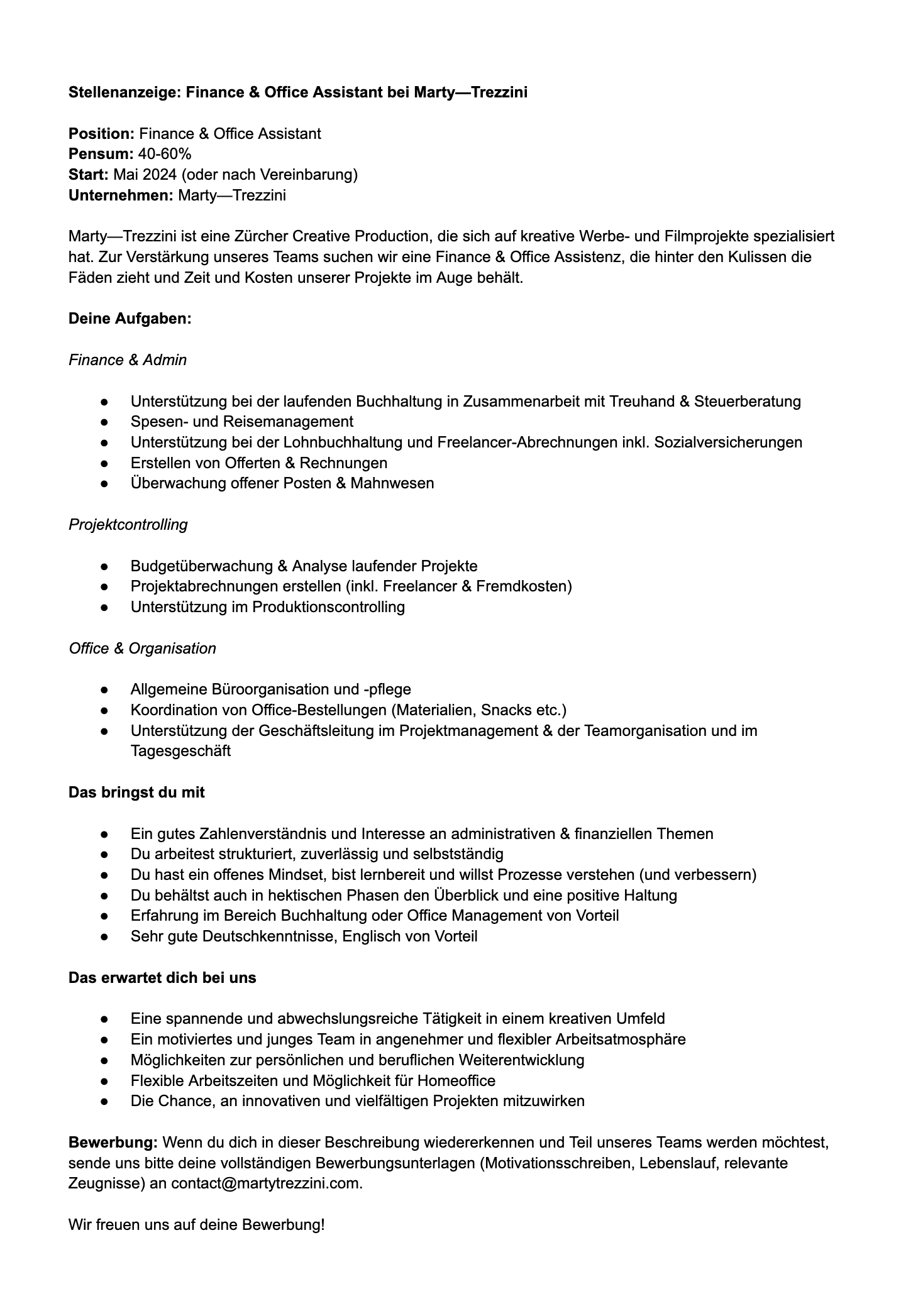 Stellenanzeige: Finance & Office Assistant bei Marty—Trezzini - 1