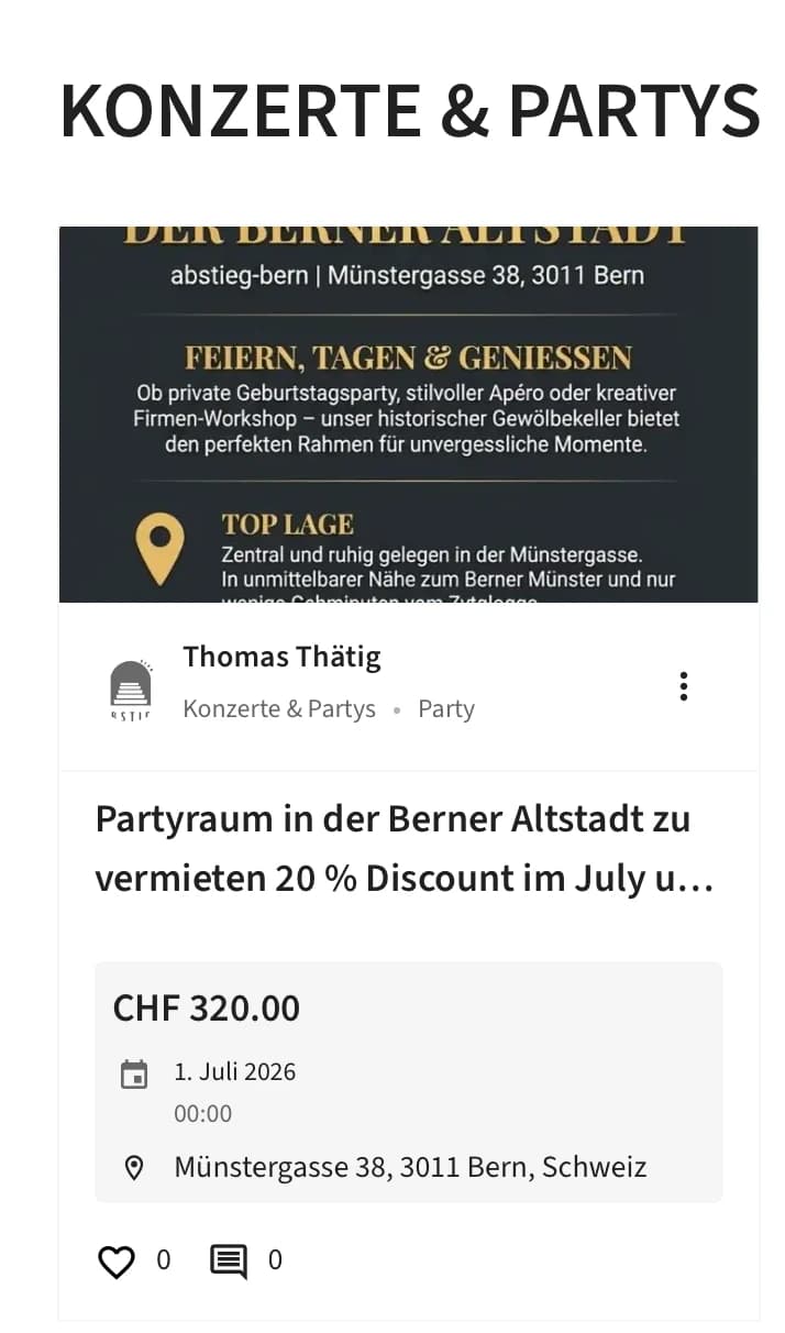 Partyraum Partykeller abstieg in der Berner Altstadt zu vermieten - Eventlokal - Juli und August 20 % günstiger - 1