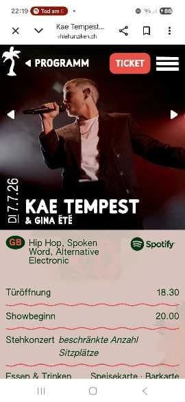 Kae Tempest Ticket 7.7. Mühle Hunziken - 1