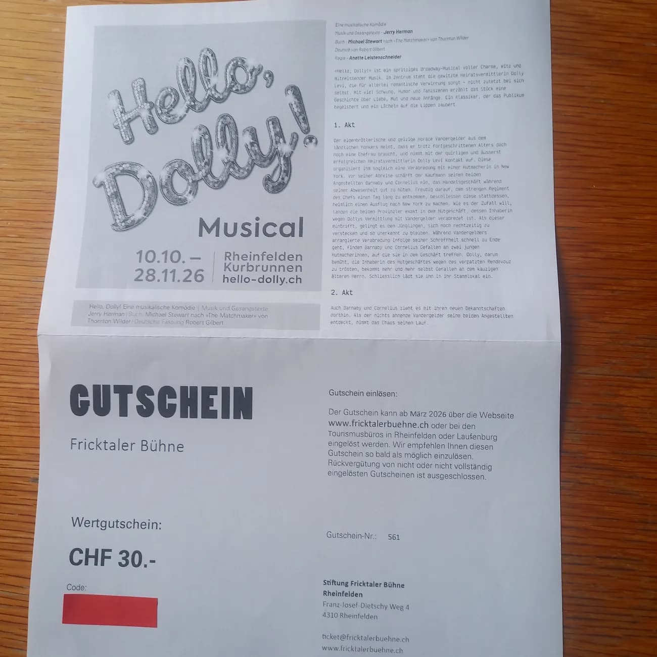 2 Gutscheine für die Fricktaler Bühne: Musical Hello, Dolly! in Rheinfelden. - 2