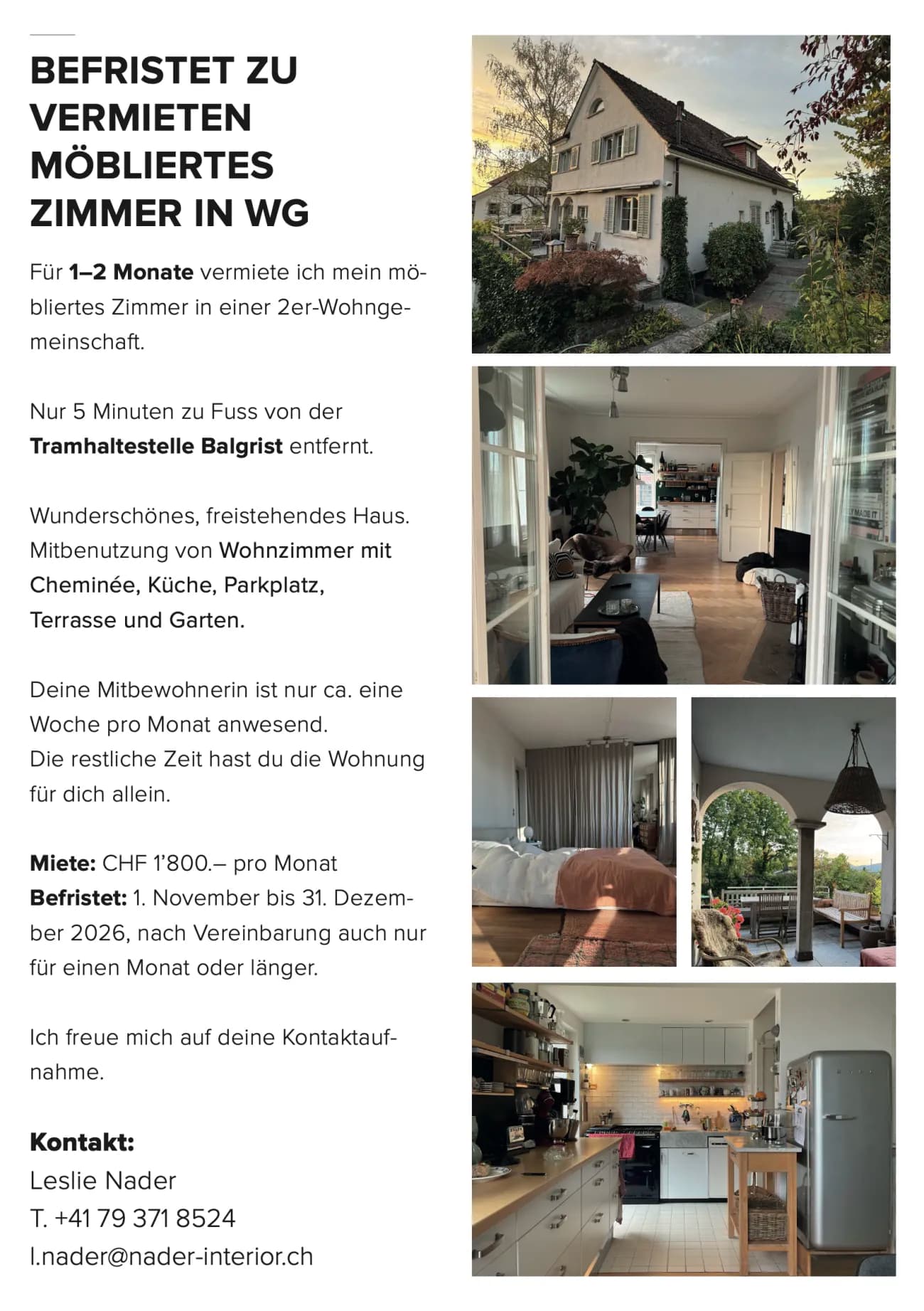 BEFRISTET ZU VERMIETEN MÖBLIERTES ZIMMER IN 2-er WG - 1