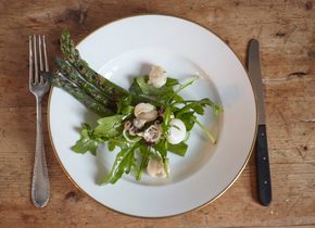 Grillierter Spargel mit Tintenfischchen und Rucola