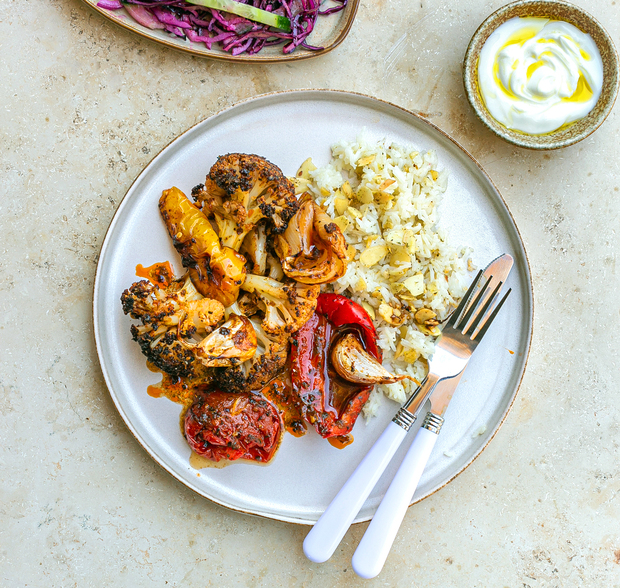 Roasted Cauliflower with Spiced Butter Rice