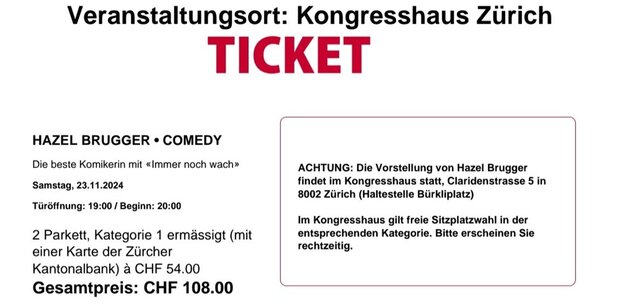 2 Tickets für Hazel Brugger im Kongresshaus 23.11.2024...