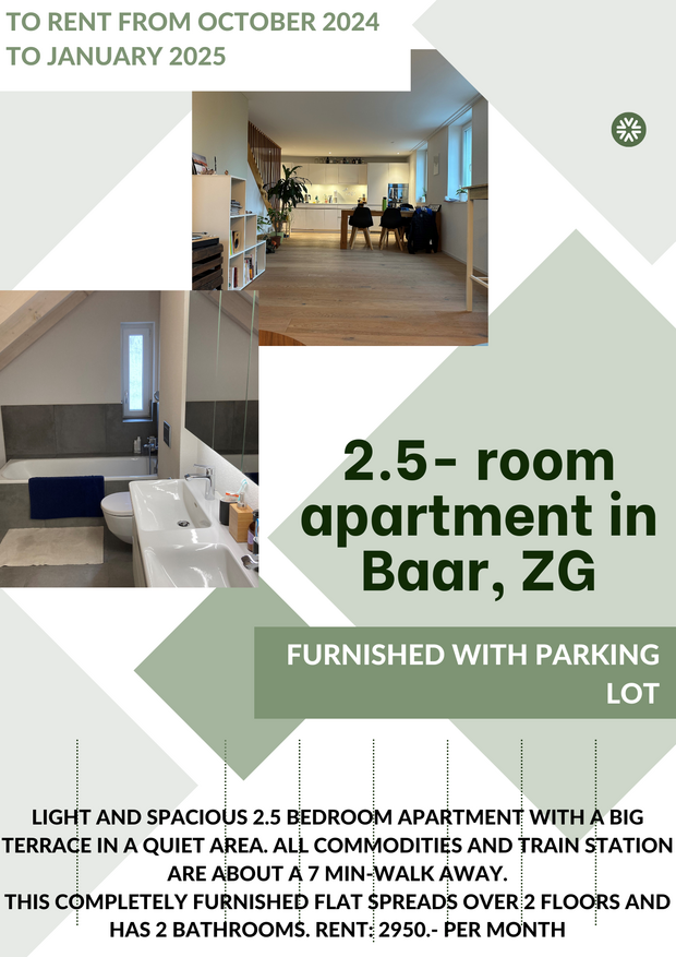To rent for a limited time (October 2024-January 2025): 2.5 room apartment in Baar (ZG)