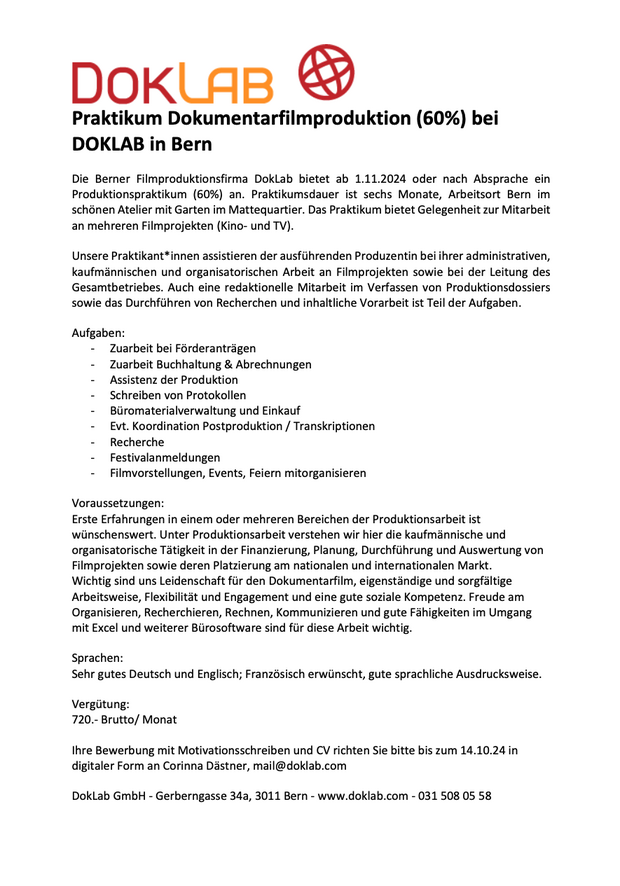 Praktikum Dokumentarfilmproduktion (60%) bei DOKLAB in Bern