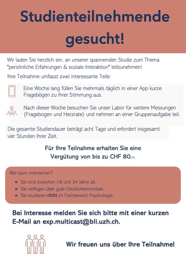 Studienteilnehmende gesucht, Vergütung bis zu 80.-