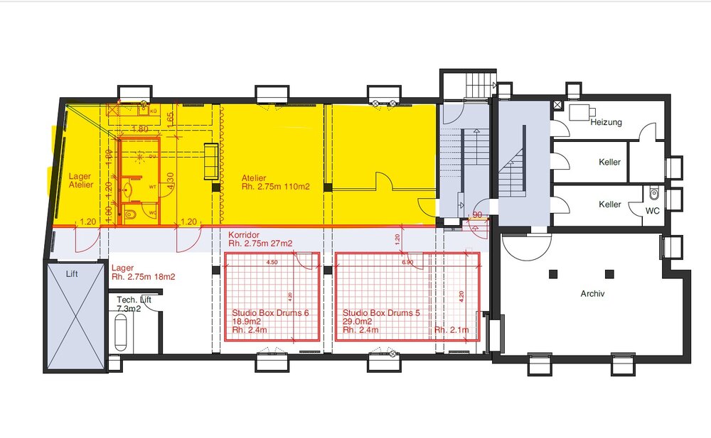 Atelier/Musikstudio 110m2 + WC/Dusche (8m2)