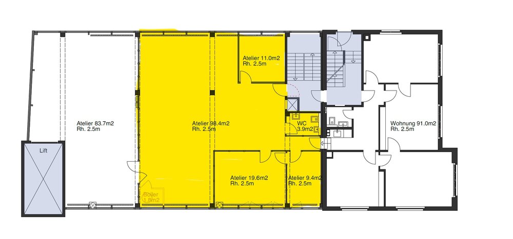 Atelier (98m2), Büros (29m2), Lager/Atelier  (11m2) und WC