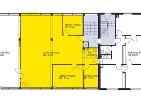 Atelier (98m2), Büros (29m2), Lager/Atelier  (11m2) und WC